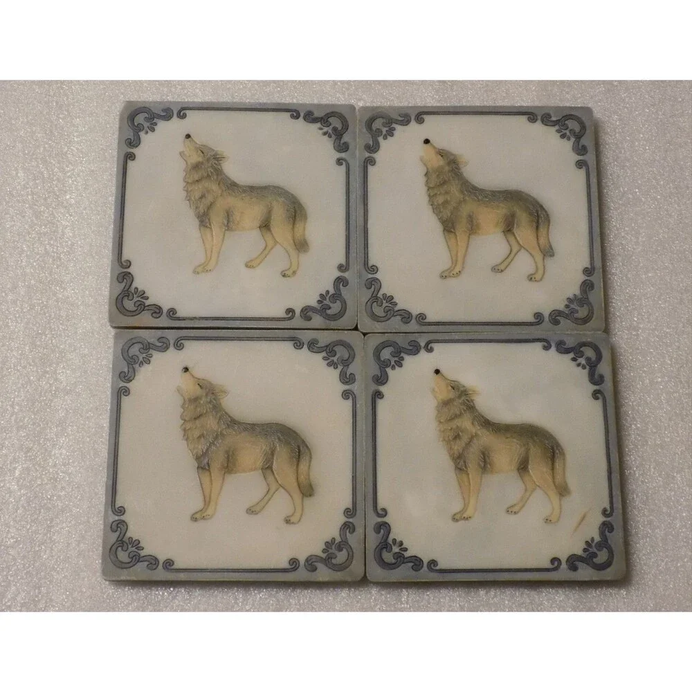 Lot Of 4 Wolf Marble Stoneware Coasters Set